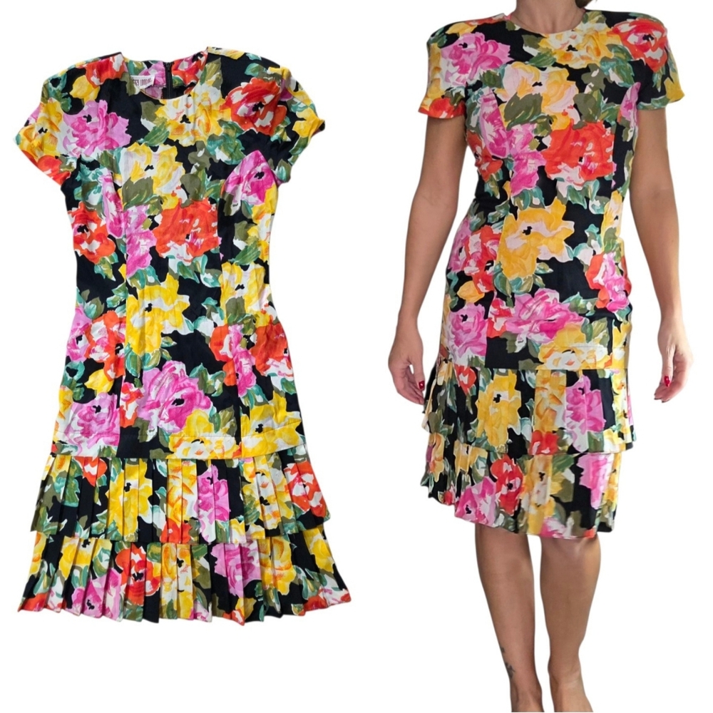 Vintage Maggy London Short-sleeve Floral Dress‎ Small Pleated Tiered Rockabilly
